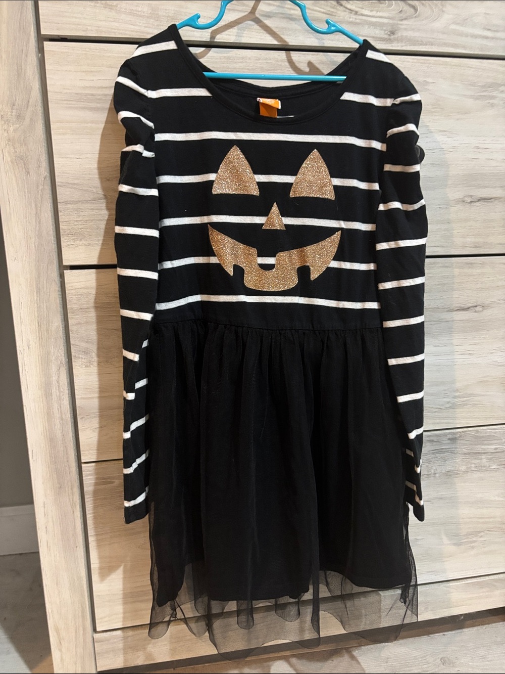 Girls Black & White Striped Pumpkin Graphic Tulle Dress